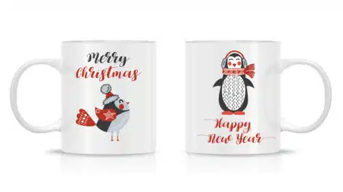picture of christmas mug with a bird and a penguin