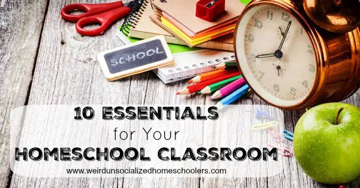 10 Homeschool Essentials - school items including clock, book, color pencils, and apple
