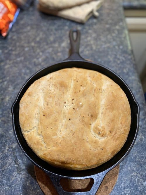 homemade bread in iron skillet