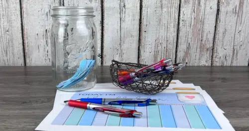 Family Gratitude Jar - glass jar with pens and strips of paper to list thankfulness