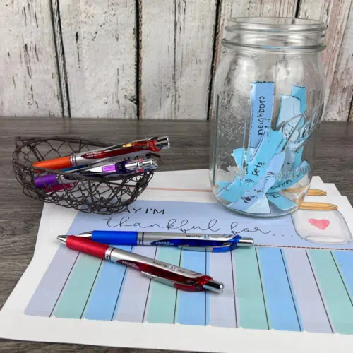 Family Gratitude Jar - glass jar with pens and strips of paper for listing thankfulness
